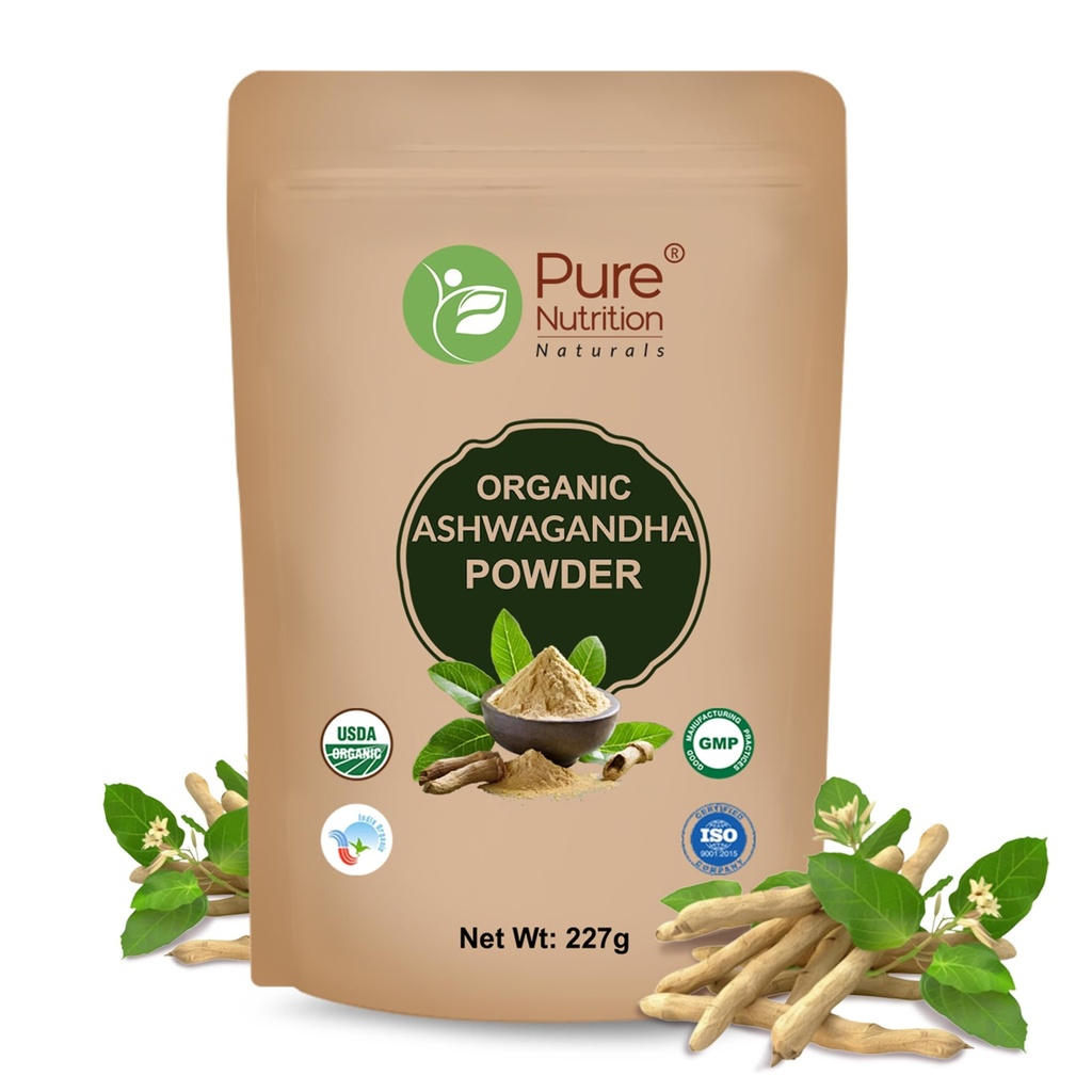 Pure Nutrition Organic Ashwagandha Root Powder, 227g | Supports Stress Management, Sleep, Fertility, Immunity, Vitality & Strength | Amukkara Kizhangu Choornam | USDA Organic Certified