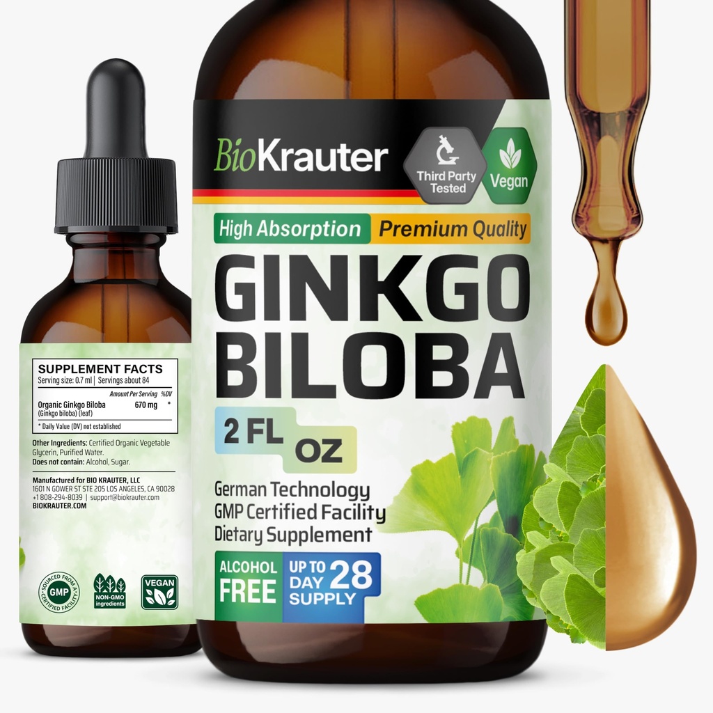 BIO KRAUTER Ginkgo Biloba 提取器 - Liquid Ginkgo Biloba 大脑补充剂 - Vegan,酒精和无糖 - 2 Fl Oz