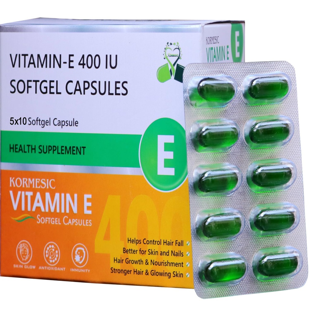 KORMESIC VITAMIN E 400 (Pack of 50 Capsule) For Face and Hair, Antioxidant Support and Immunity Booster Controls Wrinkling, Skin Dehydration