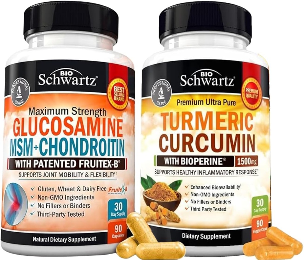 BioSchwartz Turmeric Curcumin with Black Pepper Extract 1500mg Complex (1个月供应) + Glucosamine Chondroitin MSM 三重力量联合支助补编 (1个月供应)
