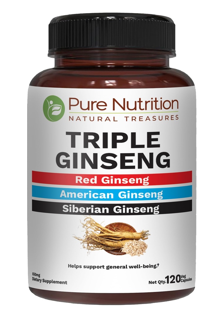 纯营养三联体 Ginseng 650mg 120 Caps 男女综合体 高效力组合红,美,西伯利亚 Ginseng. 非转基因生物