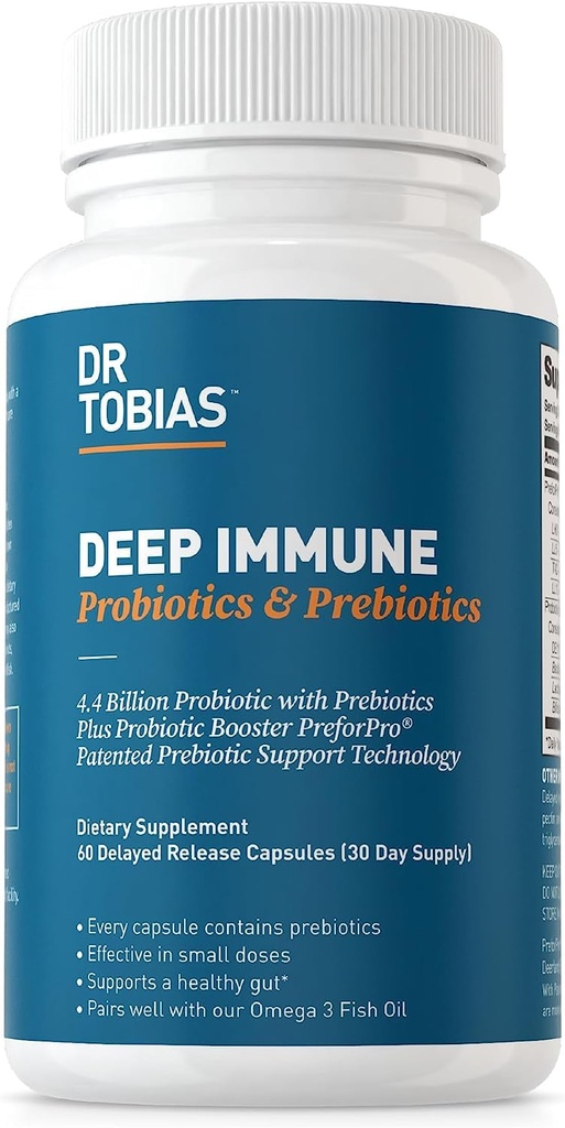 Dr Tobias Deep Immune Probiotics & Prebiotics, 4.4 Billion CFU Probiotics for Women & Men, Supports Digestive Health, Gut Immune Function, Nutrient Absorption, 60 Capsules, 30 Servings
