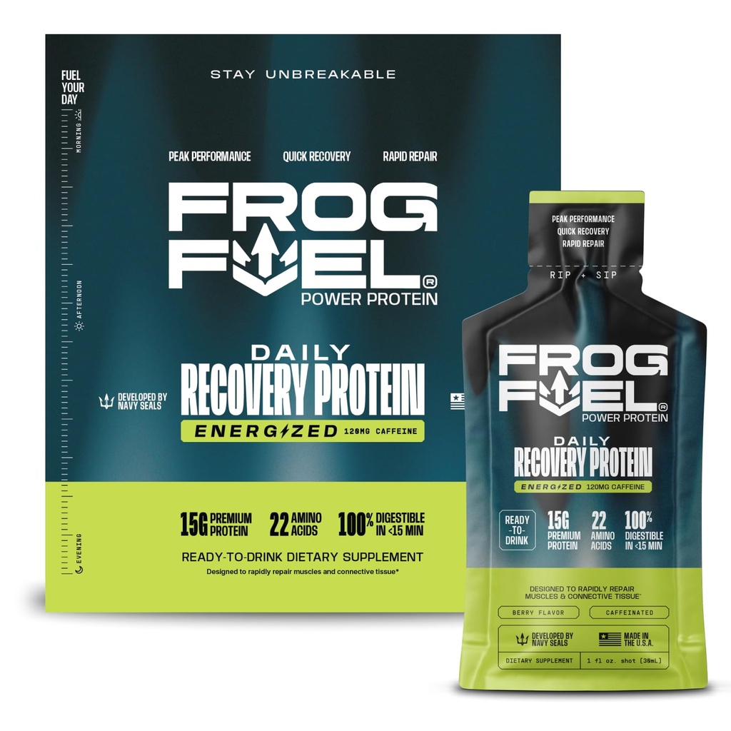 蛙燃料能量 能量蛋白 15g 蛋白质 Nano-Hydrodrolyzed 草药 Collagen, 120mg Cafeine, Fat & Sugar Free, 22 氨基酸, 0碳酸, Berry, 1 oz Packets, 24 Pack