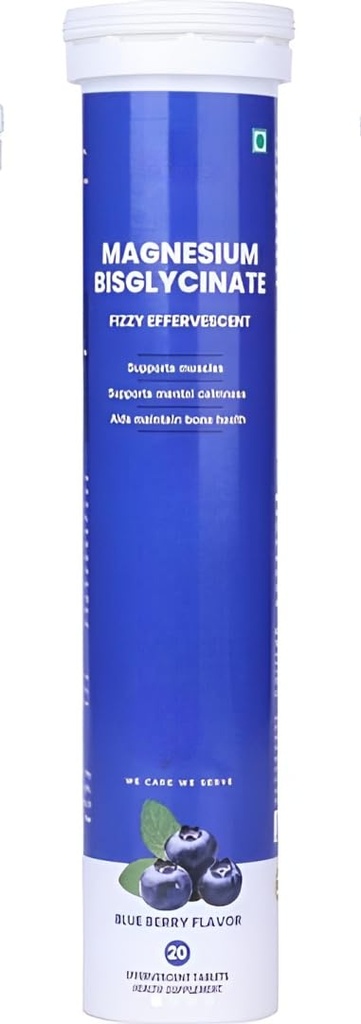 Magnesium Bisglycinate Fizzy Effervescent Tablets, Blueberry Flavor, 20 Effervescent Tablets, Water Soluble Magnesium Supplement, Easy to Dissolve, Daily Nutritional Supplement