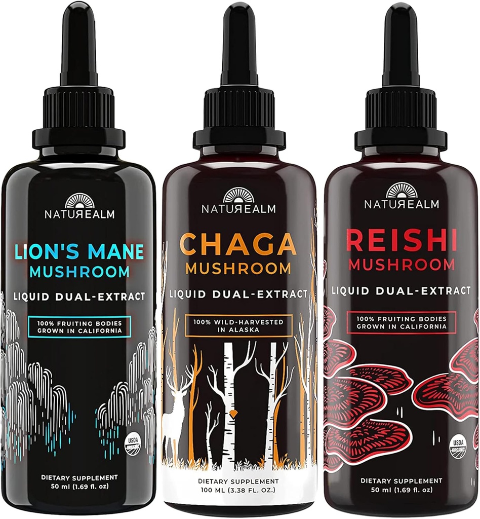 Natalm Lion's Mane, Reishi, & Chaga蘑菇提取器 - 适应原物堆积物,用于聚焦,豁免,长寿,Gut Health,抗衰老,能源,疗伤,和更多 - 有机液体滴积-每桶50毫升(3包)