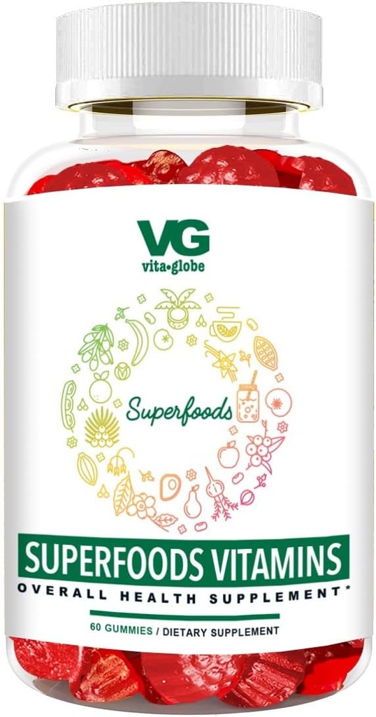 VITA GLOBE 超级食品 GLOBE GUMY 维生素 – 免疫健康与抗氧化剂支持 – 成人与儿童每日健康Gummys – Vegan, Non-GMO, Gluten Free Superfood Suppless – 60 Count