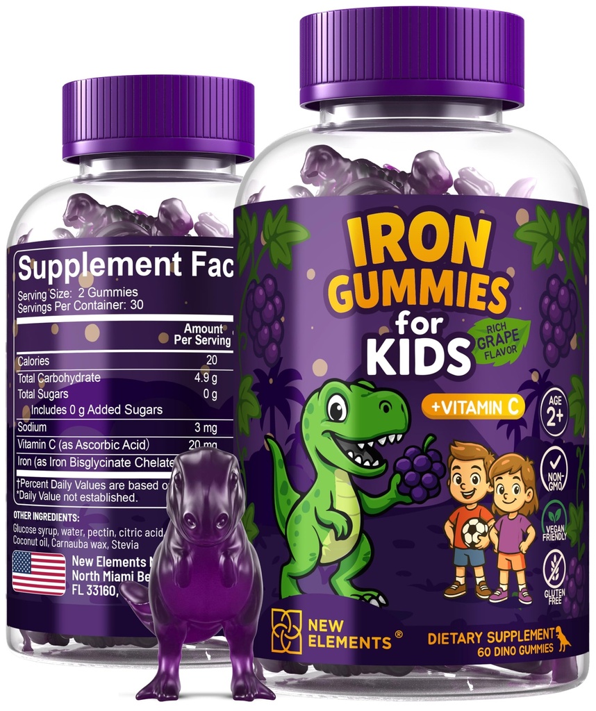 铁恐龙Gummys for Kids with Vitamin C QQ无糖,Vegan,Gluten Free & Non-GMO QQ 贫血救济,能量与血液健康支持 QQ Grape Flavor, Pectin-基于优化健康.