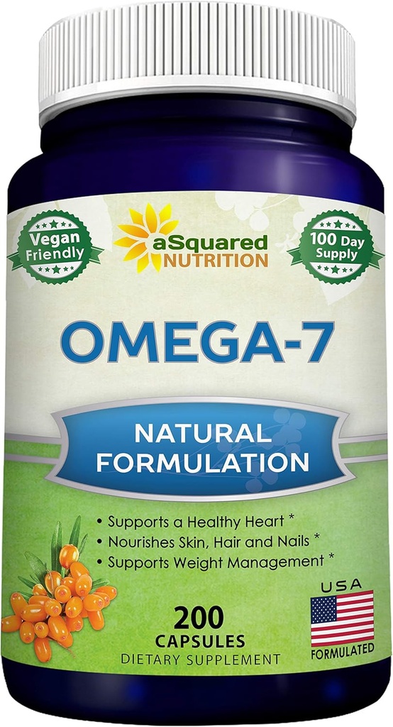 aSquared Nutrition Purified Omega 7 Fatty Acids-200 Capsules from Natural Sea Buckthorn, XL Vitamin Supplement,No Fish Burp,Vegan, Omega 3 6 9 for Complete Weight Loss Results