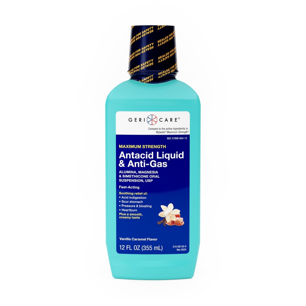 GeriCare Antacid Liquid & Anti-Gas Relief, Heartburn, Acid Reflux, Sour Stomach, 压力和膨胀,酸消化, & Gas, 香草焦糖Flavor, 12 fl oz.