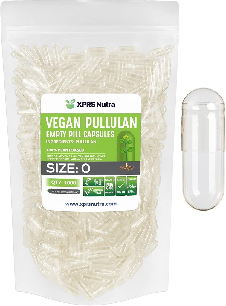 XPRS Nutra 大小 0 Pullulan 空瓶盖 - 1000 计数 清洁标签 植物盖 清空 Vegan 瓶盖 - Premium 蔬菜药丸 - DIY 蔬菜盖充填 Do- It- Yourself 补充