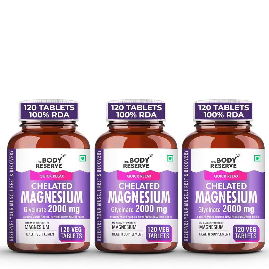 The Body Reserve Magnesium Glycinate Supplement 120 Veg Tablets, 2000mg Per Serving, High Absorption Chelated Form, helpful in Muscle & Nerve Relaxation, Better Sleep Quality for Men, Women, Pack of 3