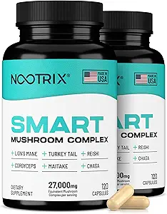 Nootrix Smart Mushrooms Complex Supplement QQ 支持记忆,精神焦点,认知健康与能源 ~ 27000mg 有机蘑菇 → Lions Mane, Reishi, Cordyceps, Chaga & Turkey Tail → 240 Capsules