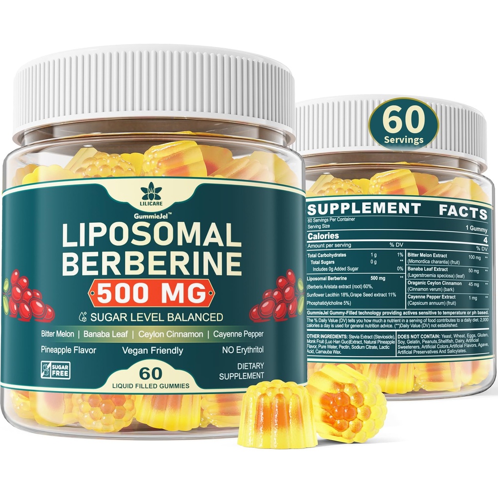 Berberine 500mg 补编,《一旦日报》, Liposomal Gummys 与锡兰锡桂, Bitter Melon, Banaba Leaf 用于代谢平衡, AMPK 激活器, 高吸附, 无糖, Vegan, 60 Cts