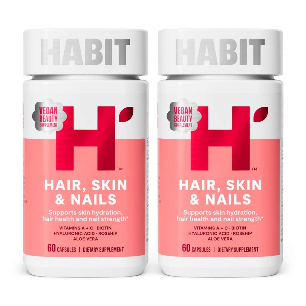 Habit hair, Skin & Nails Supplement 2 Pack (120 Capsules) - 新外观,支持皮肤水利, Hair & Nail strong, Biotin 2000mcg, 维生素A & C, Hyaluronic Acid, Rosehip, Vegan, 非 GMO