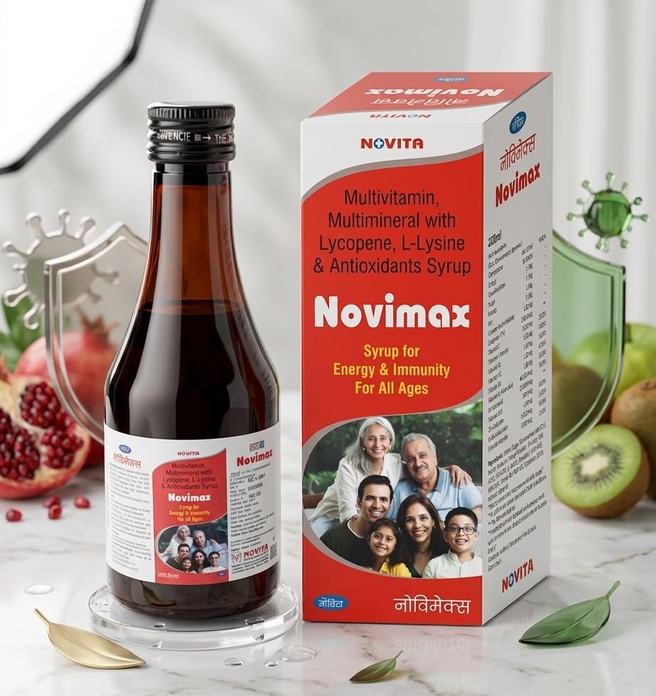 Novimax Syrup with Lycopene, L-Lysine, Vitamin C, Zinc, Selenium & B-Complex Vitamins | Nutritional Syrup for Daily Wellness Support | Family Use | 200 ml