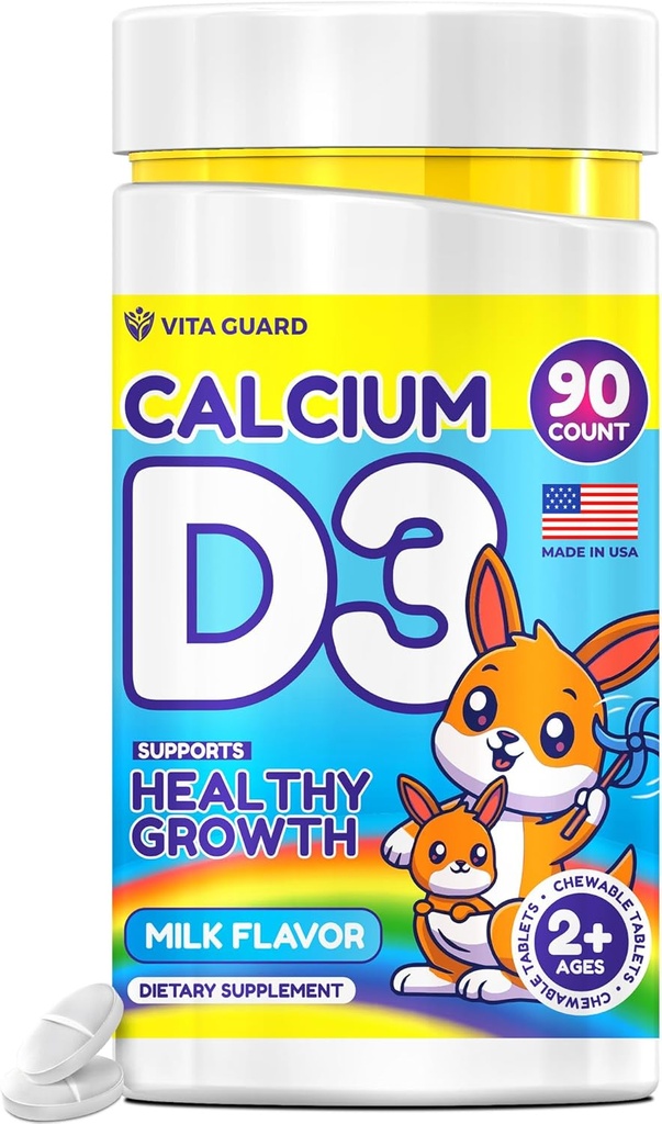D3钙 儿童可切片 – 640 mg 钙 & 320 IU 维生素 D3 – 非GMO,Milk Flavor – Bone & teeth Support Suppless – 90 plates for Ages 2+