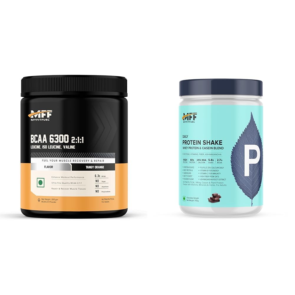 MyFitFuel BCAA 6300 2:1:1 (200 gm) Tangy Orange | MyFitFuel Daily Protein Shake, Whey & Casein, 5 Proteins, Calcium, Ashwagandha, Vitamins, 750g, Ch