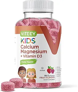 VITEEY Kids Calcium Gummys + Vitamin D3 & Magnesium Citrate for Kids and Teens - 支持骨质健康,免疫支持,能量与肌肉功能 - Gluten Free, GMO Free - Tasty Chewable Fruefwared (英语:Gluten Free, GMO Free - 味道可口味的水果裂片)