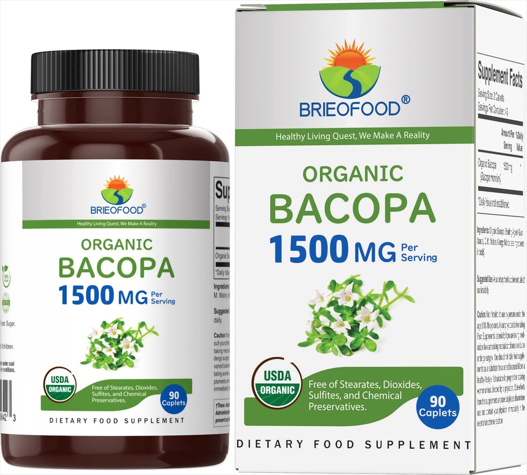 Brieofood Organization Bacopa 1500mg, 45 services, Vegetarian, Gluten Free, 90 植物药片...