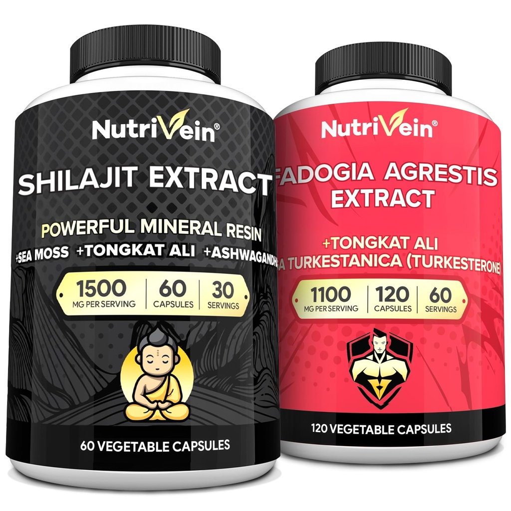Nutrivein Premium Shilajit Capsules and Fadogia Agrestis Supplement Bundle:为妇女和男子提供强大的Shilajit + Fadogia Agrestis 与 Tongkat Ali 的性能、耐力和生命力补充