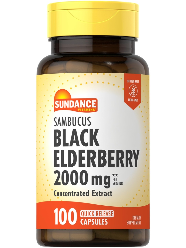 Sundance Sambucus Black Elderberry Capsules |2000mg |100 Counter |非GMO 和 Gluten 免费补编