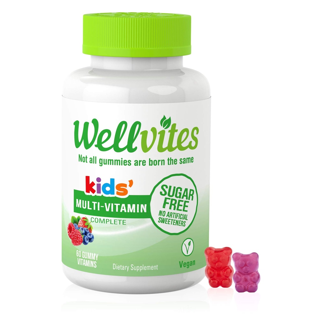 Wellvits Kids Multivitamin Gummys - 无糖, Vegan, 非GMO, 维生素A, D, B6, B12和C - 无人工甜品, Gluten - 无糖, Gelatin - 无糖 - 60个计数(30天供应)