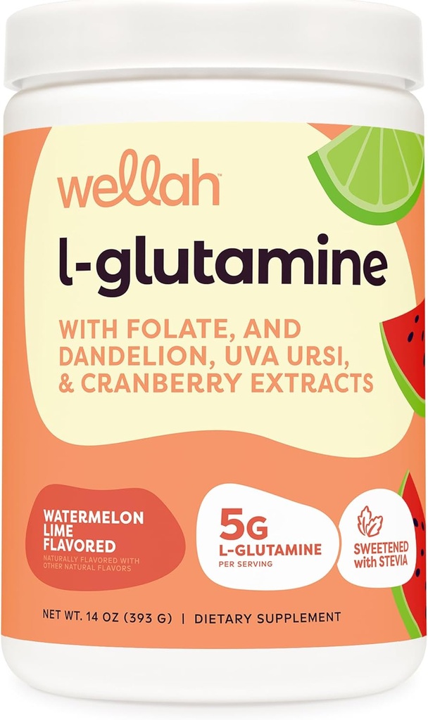 Wellah L-Glutamine 粉末西瓜莱姆(50架) - 5g L-Glutamine Per Service, Sweeted with Stevia