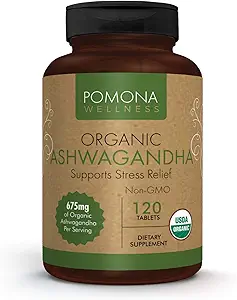 Pomona Wellness 有机Ashwagandha 压力支持补充剂,1,350毫克Mood增强剂和甲状腺支持剂,USDA有机剂,Vegan,N-GMO,120 Ashwagandha根粉片
