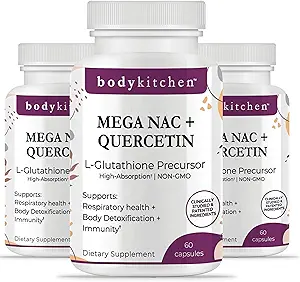 机体厨房 巨型 NAC(N-乙酰Cysteine) 600 mg 配有 Quercetin, 支持呼吸卫生和免疫功能, 并推广 肝脏和肾解毒, Veggie Caps, (Pack of 3)