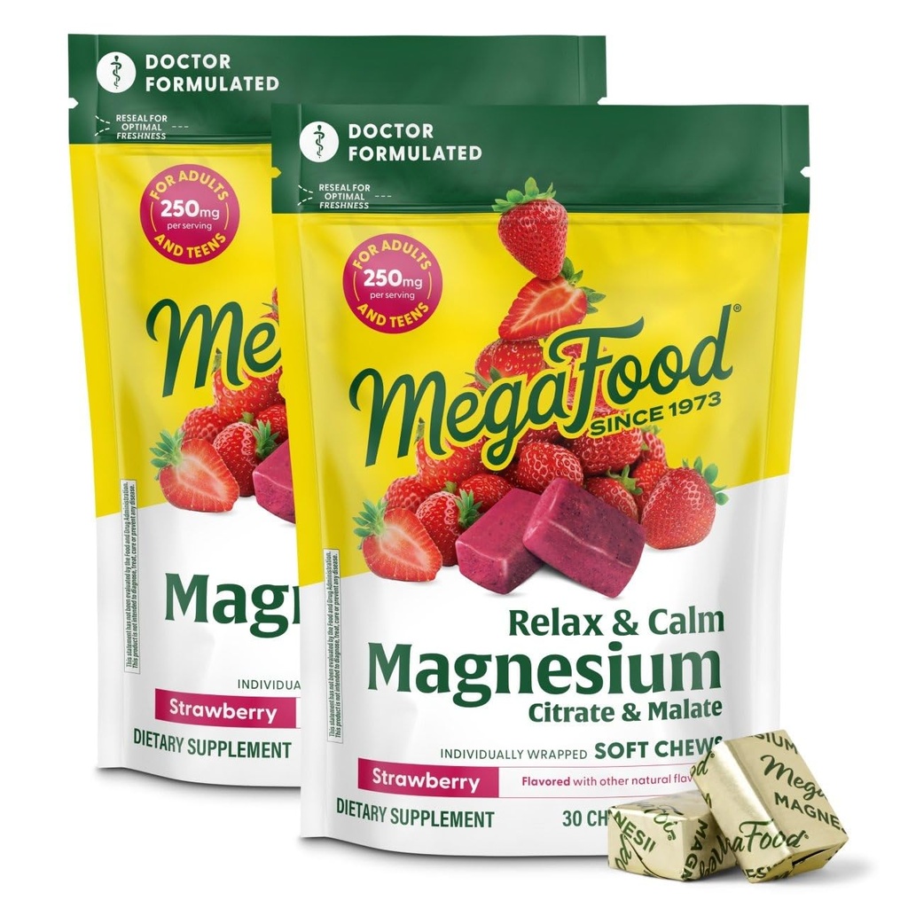 Mega Food Relax + Calm Magnesium 补充剂 - 含镁的软乳汁和乳汁用于心脏健康,肌肉紧张和更多 - 蔬菜 - 草莓 Flavor - 每包30块(2包)