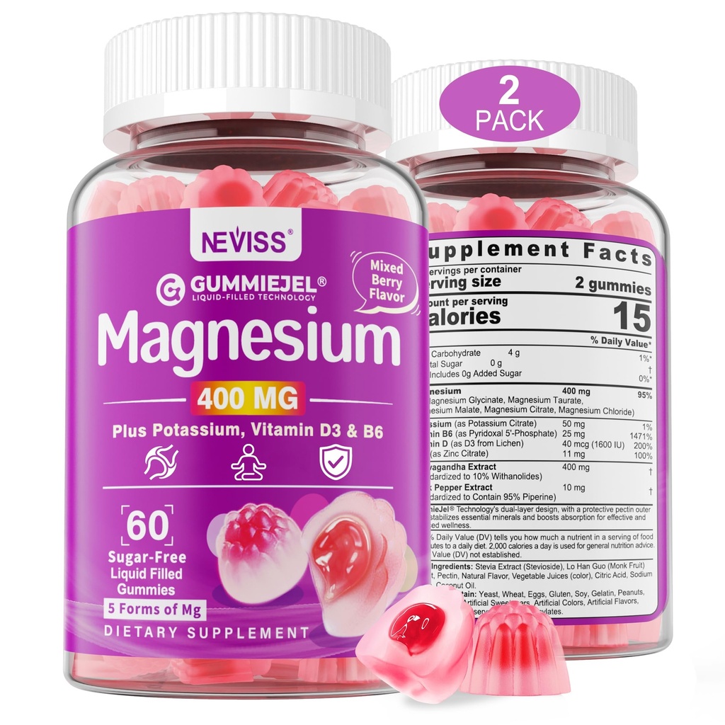 无糖镁400mg → 5-in-1 复合镁:与Ashwagandha、维生素D3 & Zinc → 冷静、Mood & Energy Support → Vegan、2-Pack