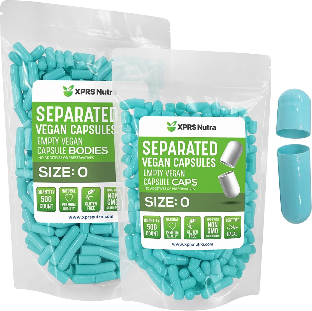 XPRS Nutra Vegan 大小 0 分离的卡普勒斯 - 500 个在袋中分离的 Premium 空卡普勒斯 - Pills 0 空用于 DIY 补充填充(Aqua)