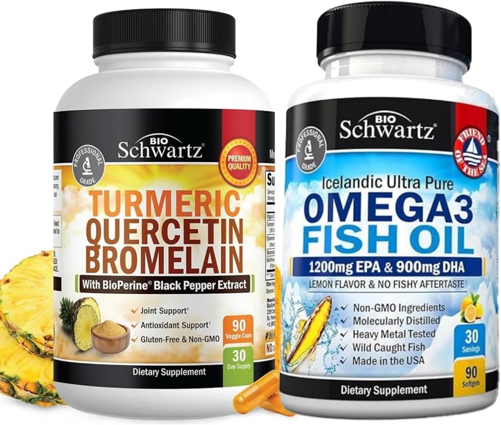 Turmeric Quercetin with Bromelain 补充材料(1个月供应)加三强Omega 3鱼油软胶(1个月供应)