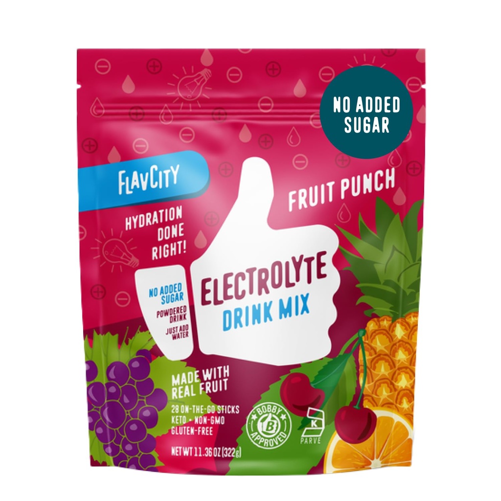 FlavCity 水果冲压电解片 粉末包 - 28个水解包 - 无添加糖 - 水解粉 用真正的水果和未加工的海盐 - Keto & Gluten-Free(28个棒状包)