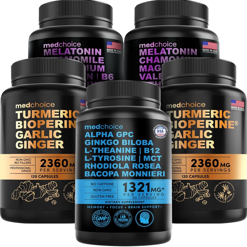 MEDCHOICE Turmeric & Ginger (240ct), Sleep Melatonin (180ct), 和Nootropic Brain (60ct) 补充 Bundle - 大脑、睡眠和免疫支持的健康三重体 - Vegan, Non-GMO, Gluten-Free