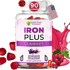 美国制造的90枚铁质胶片用于女性贫血症 - Vegan, Gluten Free & Immune Support 铁质胶片(葡萄) - Chewable Iron Gummys for Men - Kids Iron Gummys for Kids with Vitamin C, A & Zinc