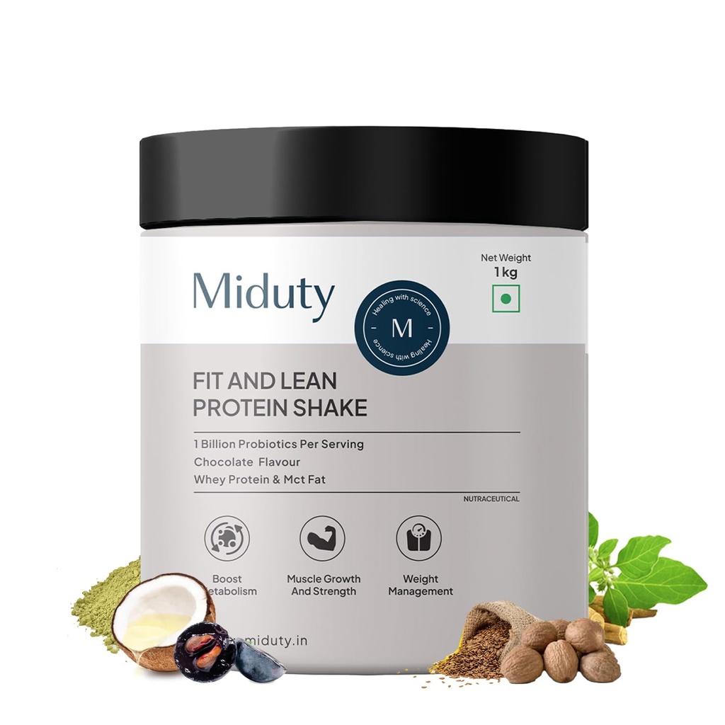Miduty Fit and Lean Protein Shake | Low-Carb Protein Shake Sweetened with Xylitol & Stevia | Ashwagandha, Garcinia Cambogia, MCT Powder - for Weight Management - 1 KG