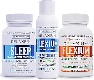 Relaxium Sleep Aid 60 Capsule + Flexium Fast Affairs 联合支持 60 Capsule + Flexium Instant Spray for Pain, 最大强度为10.5% Menthol & CurcuTame 90 ml(家庭包装睡眠和联合捆绑)