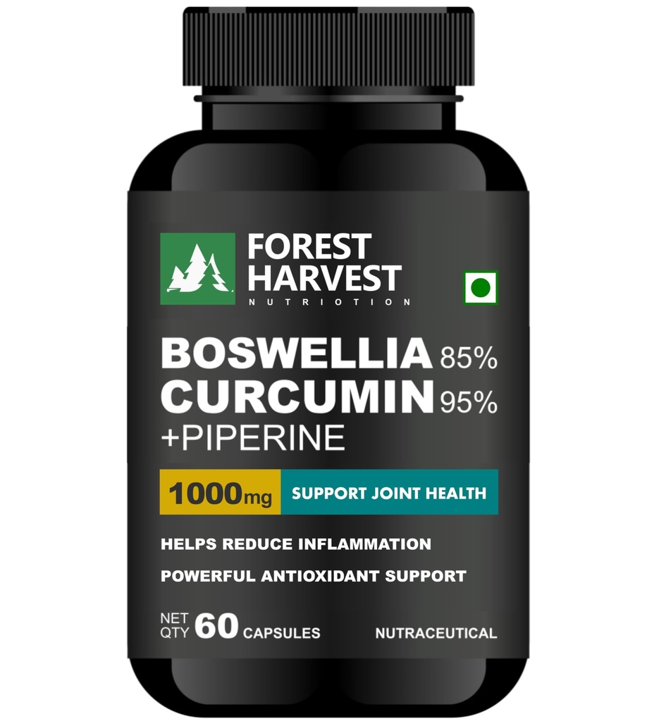 Boswellia 85% & Curcumin 95% with Piperine | 1000 mg per Serving | 60 Veg Capsules | Joint & Inflammation Support | High-Potency, 100% Vegan