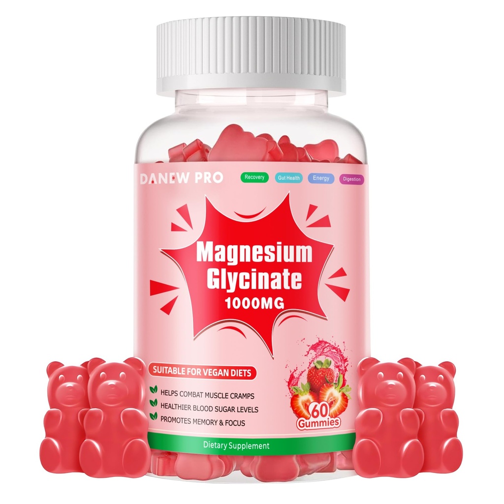 甘化镁 1000mg - 无糖镁 钾补充剂,配有维生素D, B6, CoQ10 用于镇静Mood & Sleep Support - 60 Strawberry Gummys