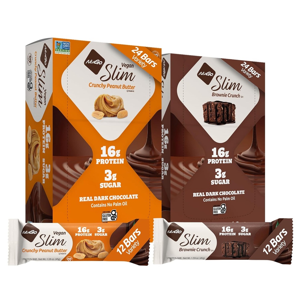 NuGo Slim 24ct Variety - Crunchy花生酱 12个酒吧 & Brownie Crunch 12个酒吧,16g蛋白,Keto Friend, Gluten Free, 24个计数