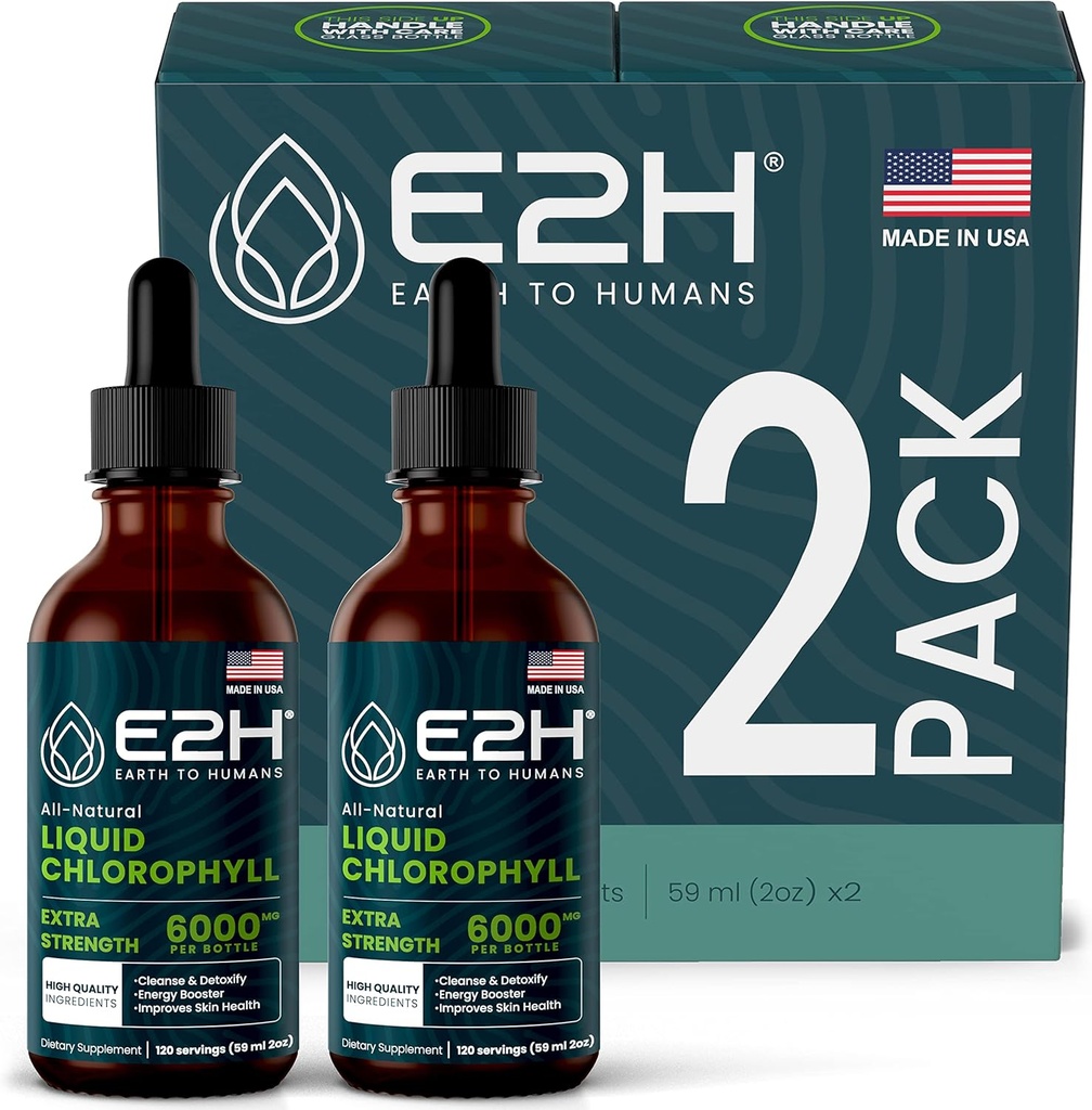 E2H 氯脂液滴 - 能源促进剂、消化、免疫系统支持和内除臭剂 - Vegan - Gluten Free - 非GMO - (2瓶)