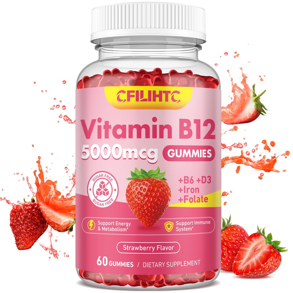 B12 女性和男性维生素B12 Gummys, 5,000mcg 甲基B12 Gummys 配有维生素B6, D3, 铁, 成人福拉特, 支持能量和代谢布尔斯特, Mood, Immune & Nervous System, 无糖草莓