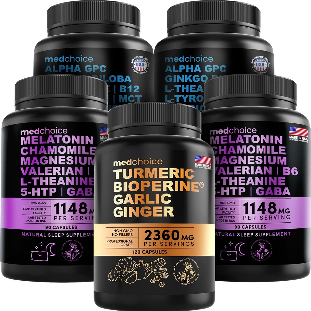 MEDCHOICE Turmeric & Ginger (120ct), Sleep Melatonin (180ct), 和Nootrotic Brain (120ct) 补充 Bundle - 脑,睡眠,和免疫支持 - Vegan, Non-GMO, Gluten-Free