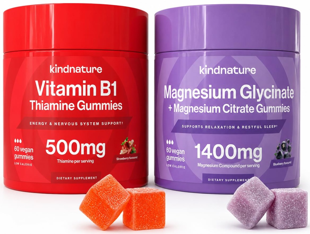 KINDNATURE 功率杜奥:镁和维生素B1 Gummys Bundle – 增强能量和神经支持,美味和可口