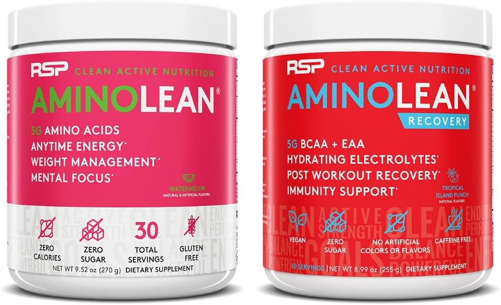 RSP 营养 氨基Lean Pre Workout Energy (Watelon 30 services),配有氨基莱恩恢复后工作靴(热带岛屿 Punch 30 services)