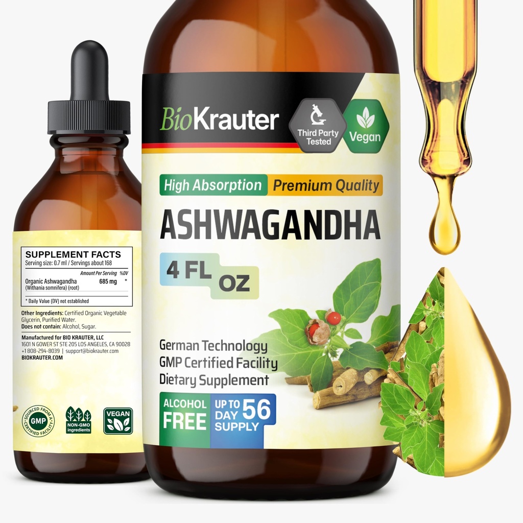 BIO KRAUTER Ashwagandha 液滴 - Ashwagandha 镇静剂补充剂 - Vegan Mood 支持滴 - 酒精和糖自由 - 4 Fl.Oz.
