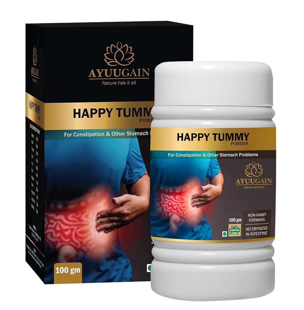 AYUUGAIN Happy Tummy Powder For Constipation, Gas, Acidity and Ibs Relief with Isabgol (Psyllium Husk), Castor Seeds,Saunf | Ayurvedic Constipation Relief Medicine for Daily Easy Bowel Movement -100g