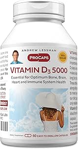 AndreW Lessman 维生素D3,5000 IU 60 Capsules - 高潜力,对钙吸收至关重要,支持骨质健康,健康肌肉功能,免疫系统,更多。