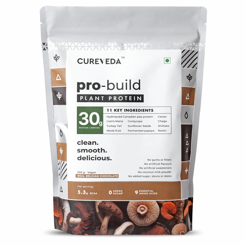 Cureveda Pro-Build Plant Protein Powder | 30g Vegan Protein + 6 Mushrooms | 5.1g BCAA & Digestive Enzymes | Cordyceps, Lion’s Mane, Reishi, Chaga, Shiitake, Turkey Tail | Chocolate | 500g